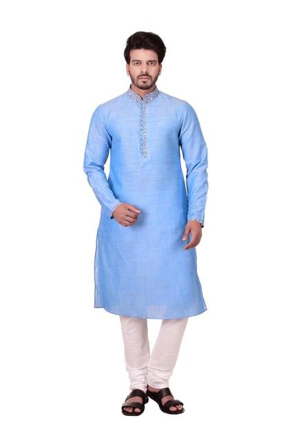 manyavar blue mandarin collar regular fit kurta set