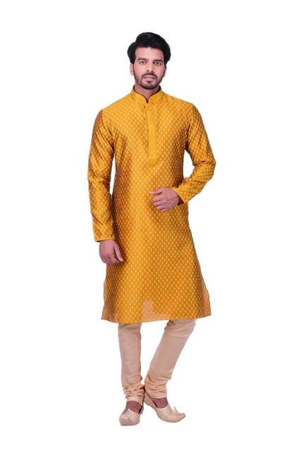 manyavar yellow regular fit full sleeves kurta set