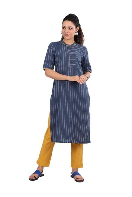 aurelia blue mandarin neck striped cotton kurta