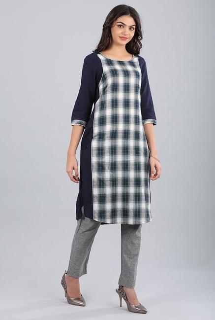 aurelia navy round neck checks cotton kurta