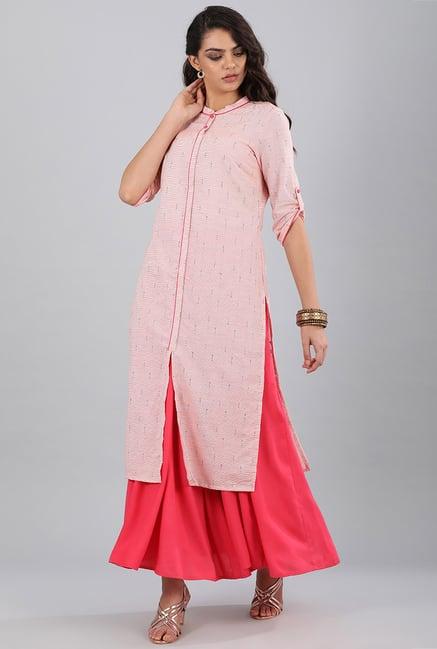 aurelia peach band neck printed cotton kurta