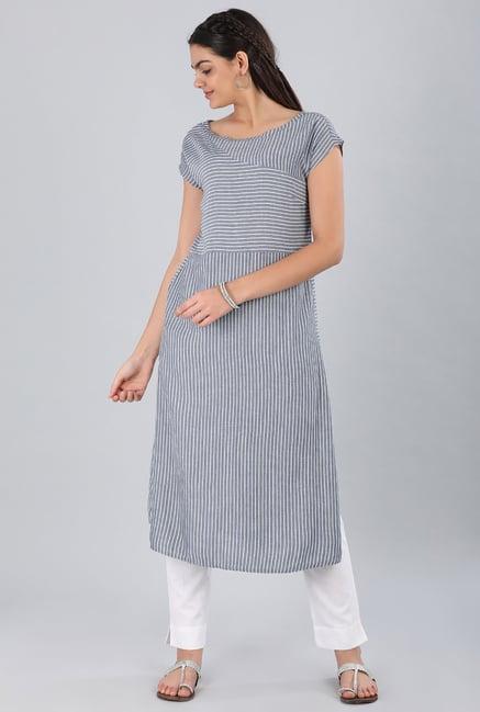 aurelia blue & white boat neck striped kurta