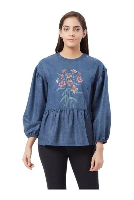 fusion beats blue embroidered top