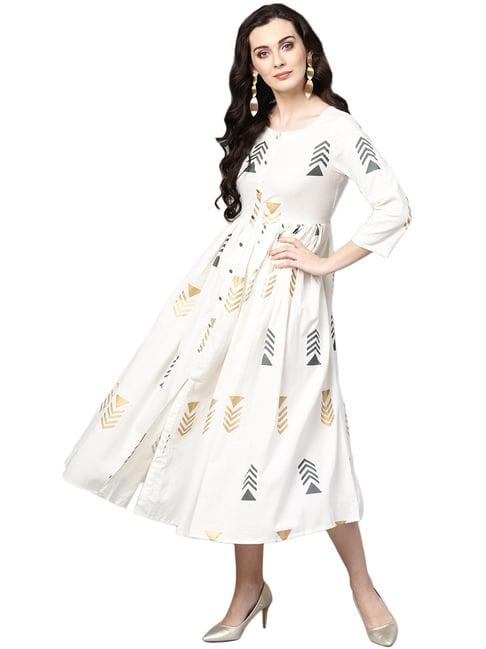 varanga white cotton printed a-line dress