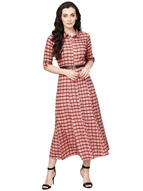 varanga peach chequered a-line dress