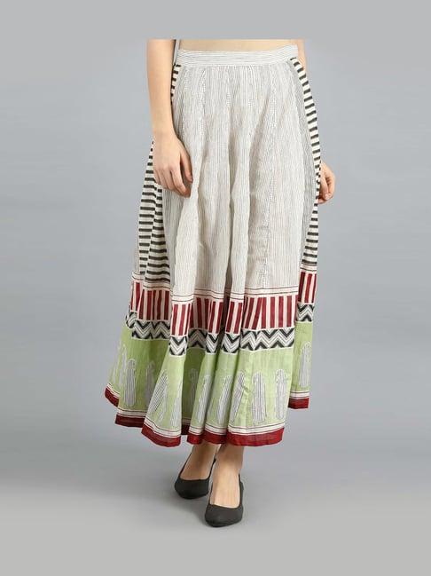 w beige & green cotton striped maxi skirt