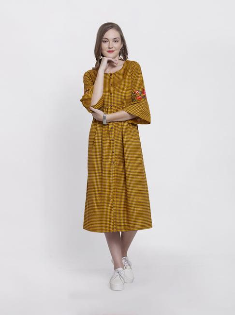 varanga mustard cotton chequered shirt dress