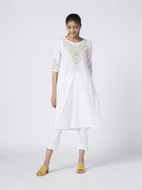 okhai white pure cotton hand  embroidered a-line dress