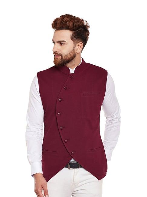 hypernation maroon slim fit cotton mandarin collar waistcoat