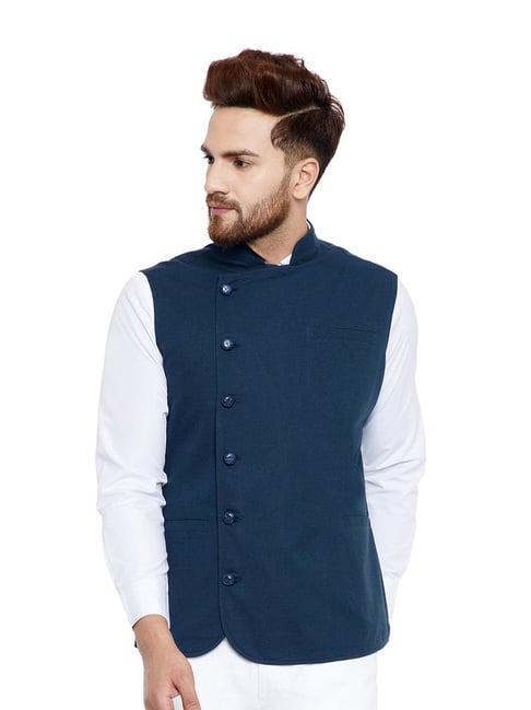 hypernation blue sleeveless slim fit waistcoat