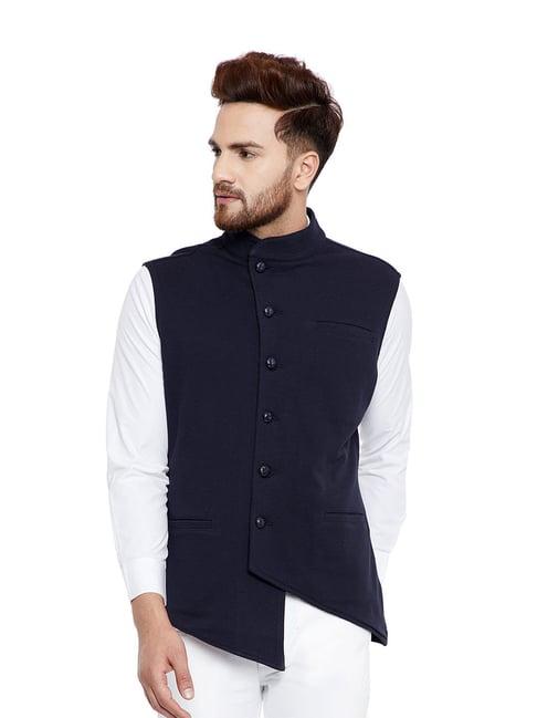 hypernation blue sleeveless band collar waistcoat