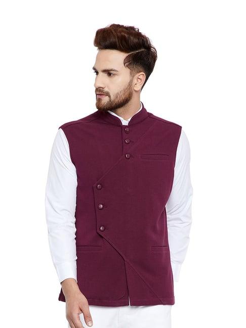 hypernation maroon mandarin collar sleeveless waistcoat