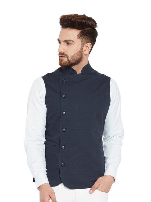 hypernation navy sleeveless slim fit printed waistcoat