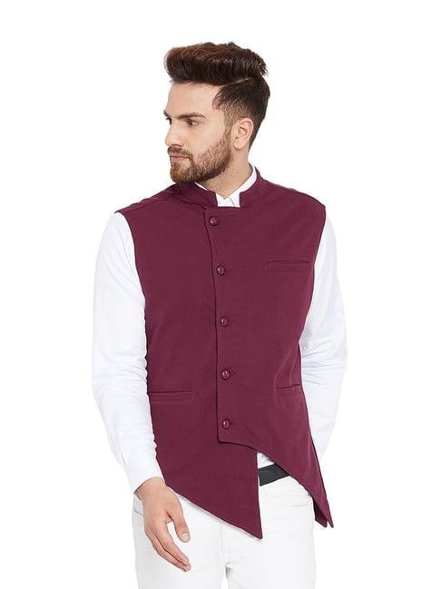 hypernation maroon cotton slim fit waistcoat