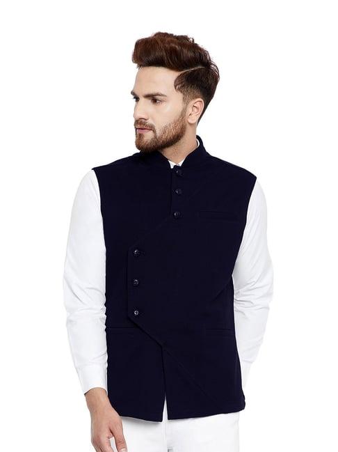 hypernation navy sleeveless slim fit solid waistcoat