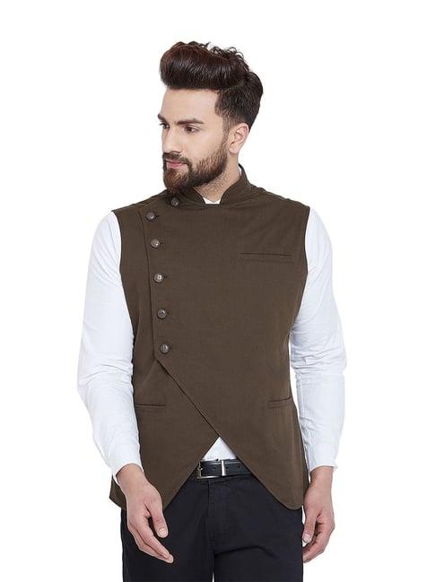 hypernation brown mandarin collar cotton waistcoat