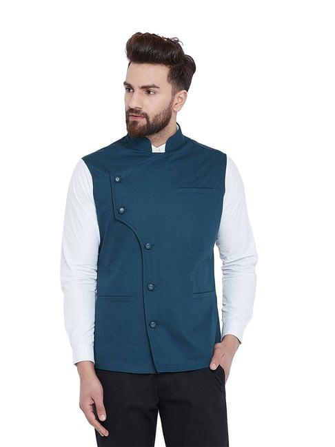 hypernation teal blue solid mandarin collar cotton waistcoat