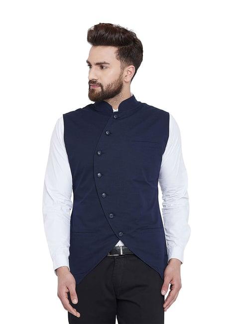 hypernation navy slim fit printed cotton waistcoat