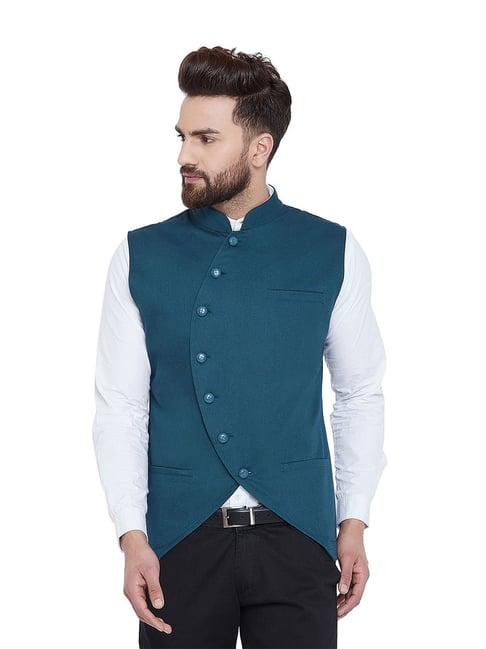 hypernation teal blue slim fit cotton waistcoat