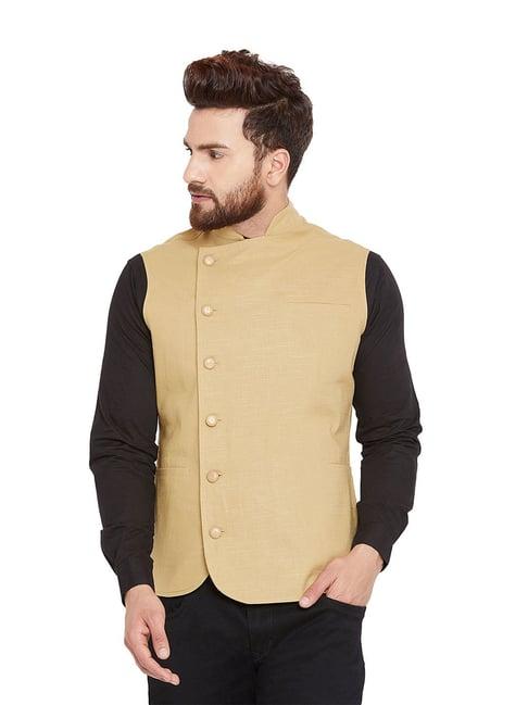 hypernation khaki slim fit cotton solid waistcoat