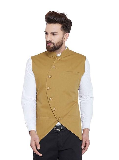 hypernation khaki solid mandarin collar cotton waistcoat