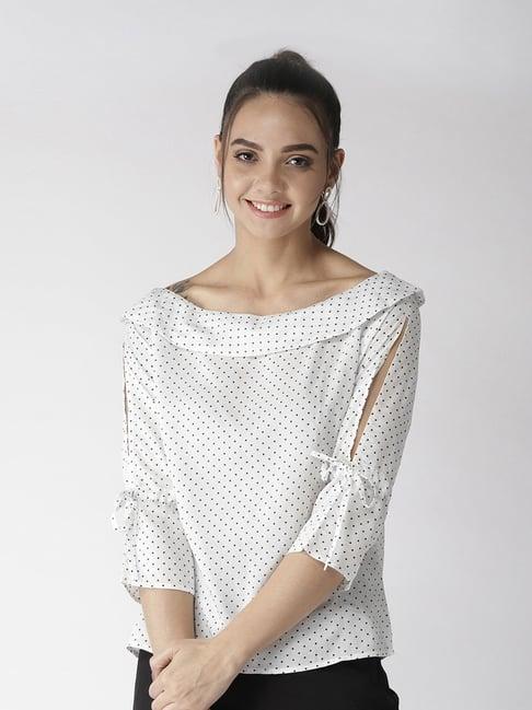 style quotient women white and black polka printed polycrepe smart casual top