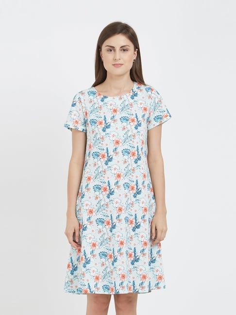 soie sky blue cotton floral print night dress