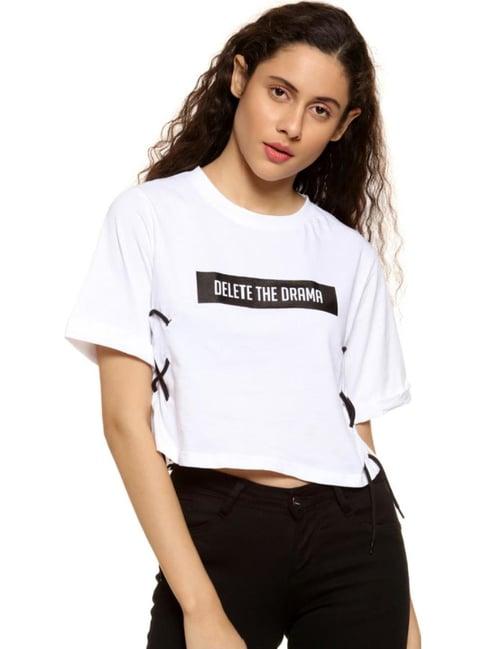 campus sutra white printed crop top