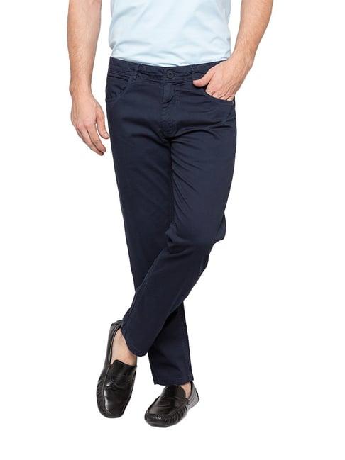 spykar navy mid rise slim fit trousers