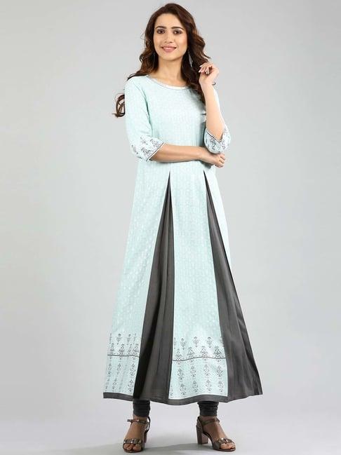 aurelia sky blue & grey printed a line kurta