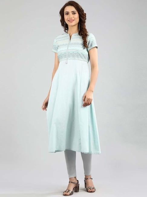 aurelia sky blue cotton woven pattern a line kurta