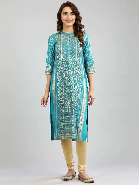 aurelia blue floral print straight kurti