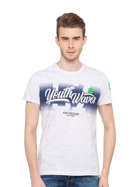 spykar white printed round neck slim fit t-shirt