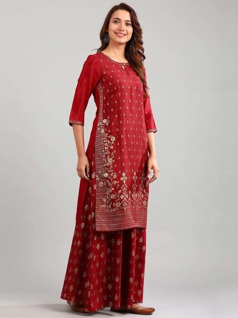 aurelia red floral print straight kurta