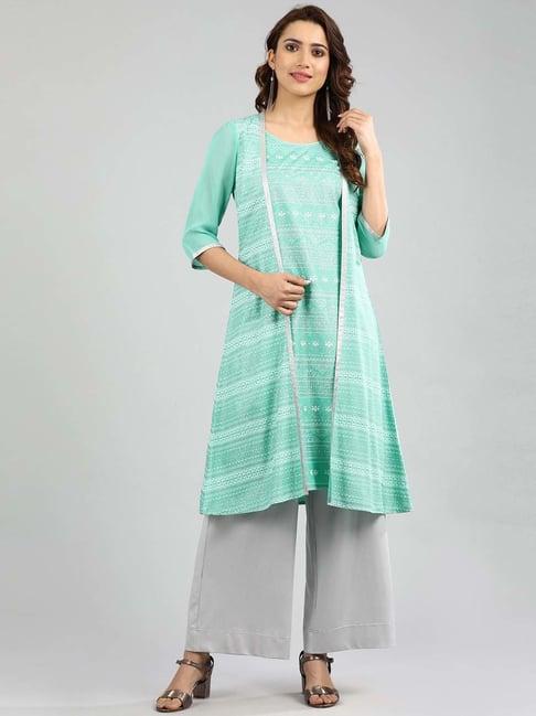 aurelia green floral print a line kurta with gilet