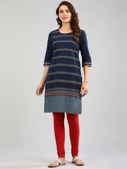 aurelia navy cotton woven pattern straight kurta