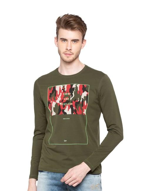 spykar olive printed full sleeves t-shirt