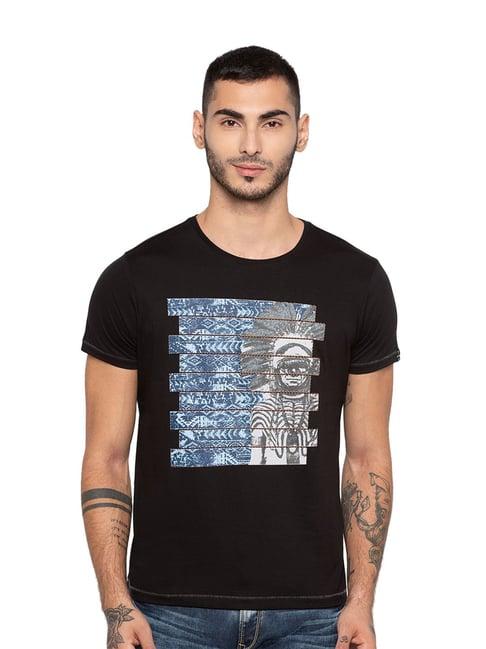 spykar black half sleeves slim fit printed t-shirt