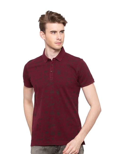 spykar wine printed polo t-shirt