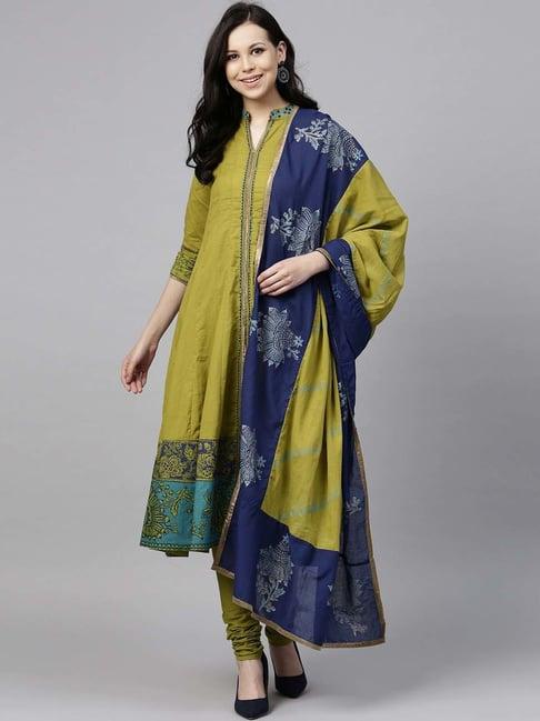 rain and rainbow green cotton printed kurti churidar set with dupatta