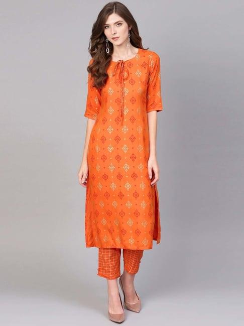 gerua orange floral print kurti pant set