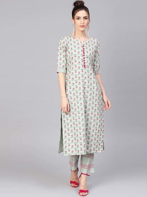 gerua green cotton floral print kurti pant set