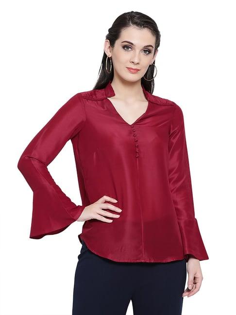 office & you maroon top with frill collar