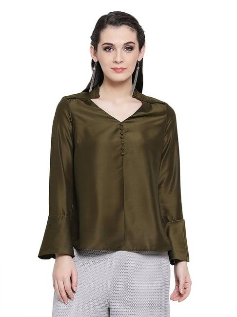 office & you dark olive top with frill collar & buttons