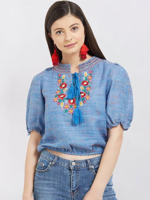 fusion beats blue embroidered crop top