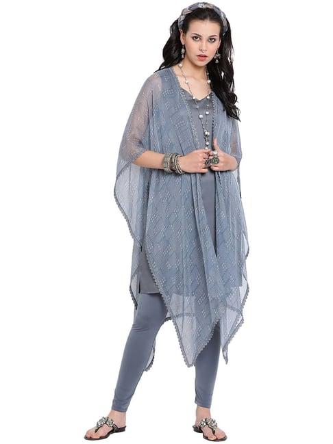 lela grey big polka printed chiffon cape with viscose kurta & lycra tights