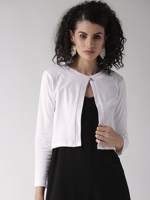 style quotient women solid white cotton smart casual crop shrug