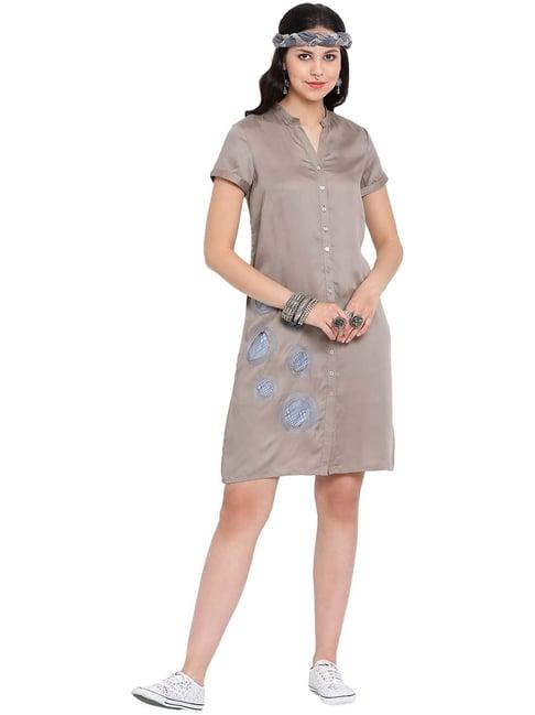 lela beige viscose dress with patch embroidery at bottom