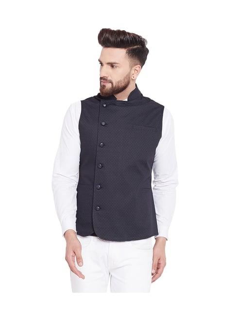 hypernation black printed slim fit cotton waistcoat