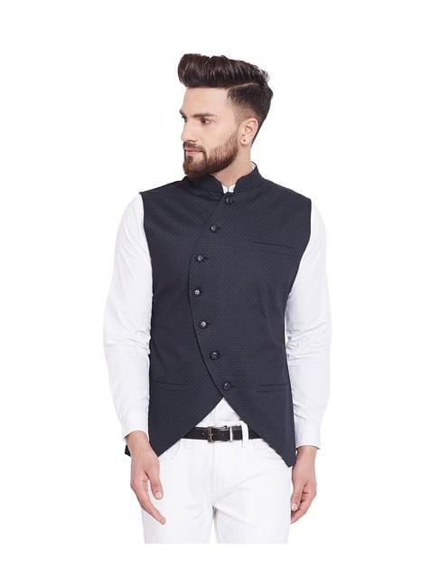 hypernation black printed slim fit cotton waistcoat